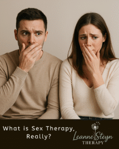 Couple looking surprised and embarrassed, illustrating what sex therapy really involves
