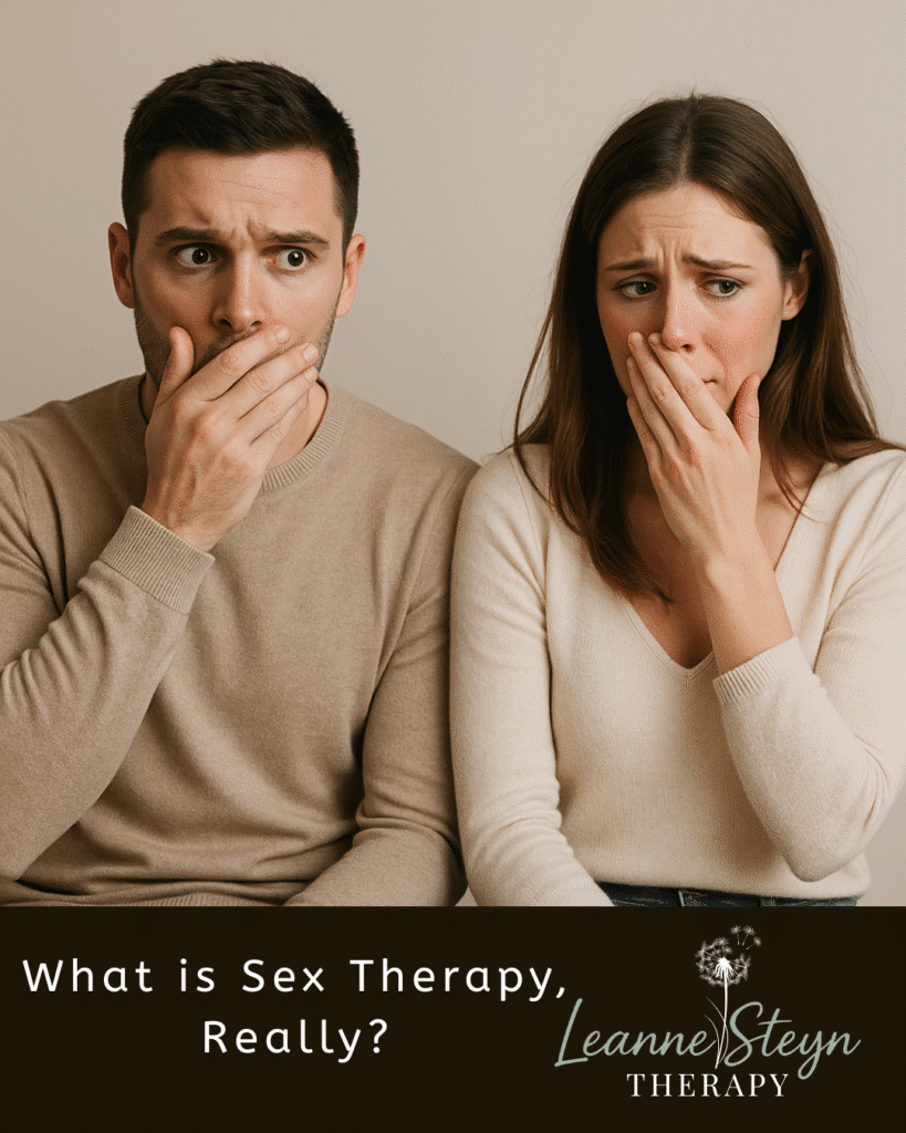 Couple looking surprised and embarrassed, illustrating what sex therapy really involves