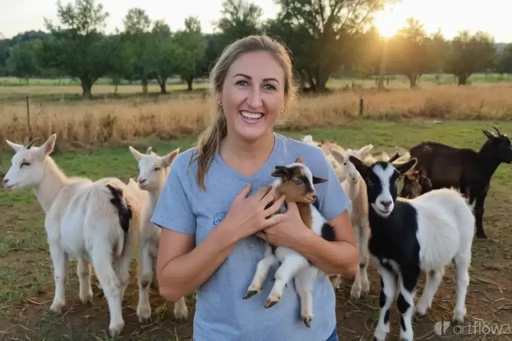 Woman holding a baby goat among a herd, symbolizing communication struggles in relationships