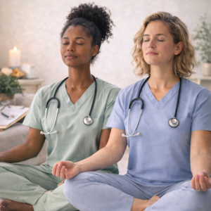 Two healthcare workers in scrubs meditating together, representing therapist self-care and burnout prevention