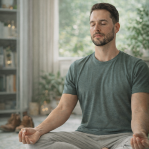 Man meditating alone at home, practising mindfulness and self-care for emotional wellbeing
