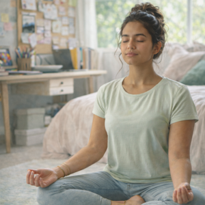 Young woman meditating in her bedroom, practising mindfulness for stress and anxiety relief