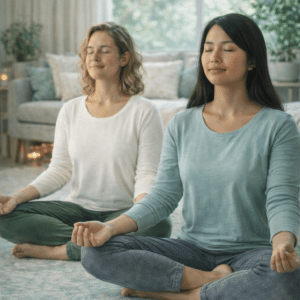 Two women meditating together in a calm living room, practising shared mindfulness and stress relief