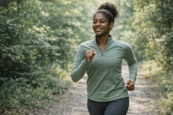 Woman jogging on a nature trail, representing the mental health benefits of movement and exercise