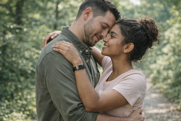 Couple sharing an intimate embrace outdoors, representing relationship counselling and emotional connection